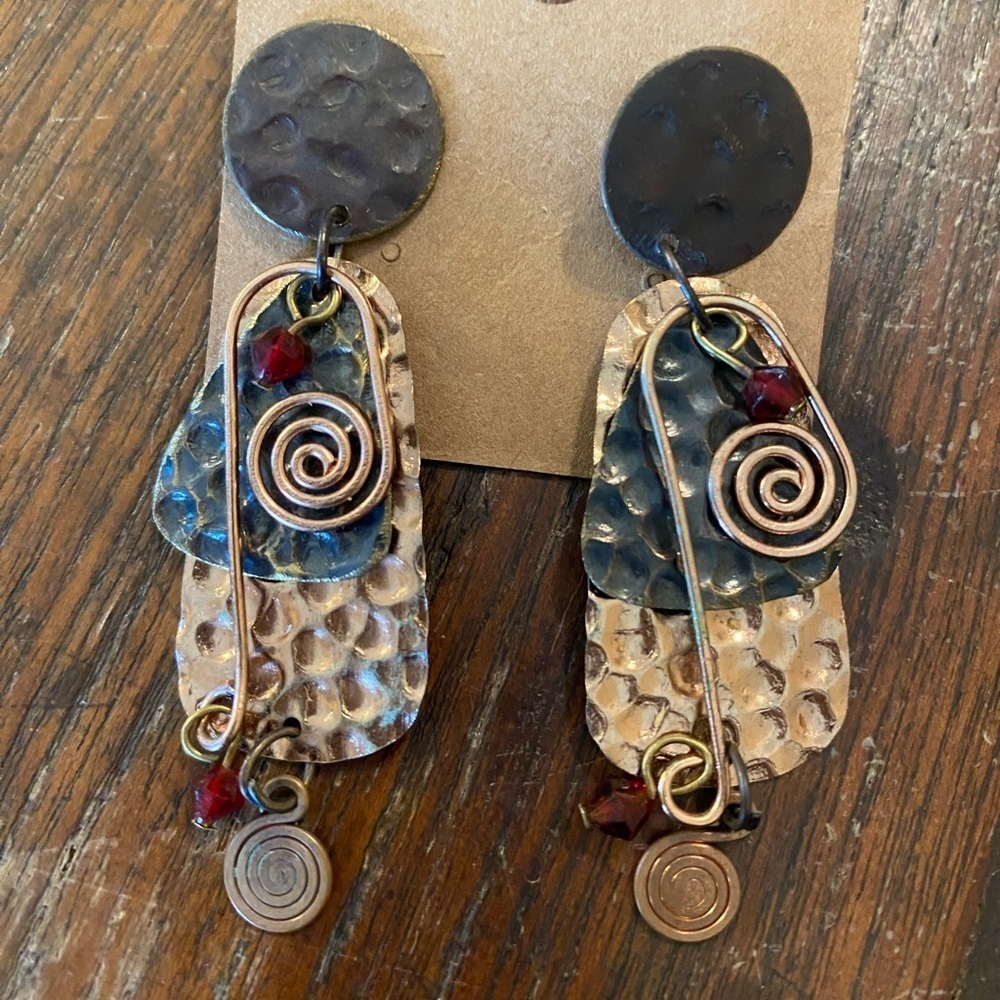 Artisan Handmade Mixed Metal Hammered Statement Dangle Earrings Spiral RARE